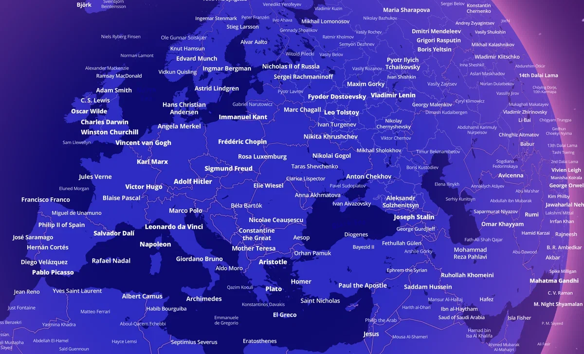 The geographer created an interactive map with the birthplaces of celebrities