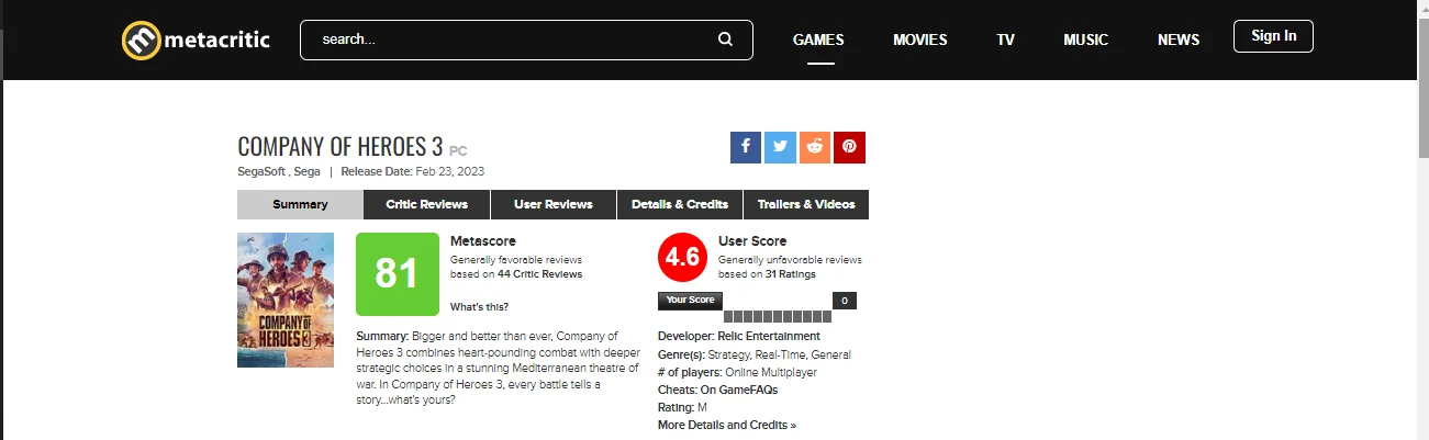 The opinions of professional critics and players about Company of Heroes 3 are divided