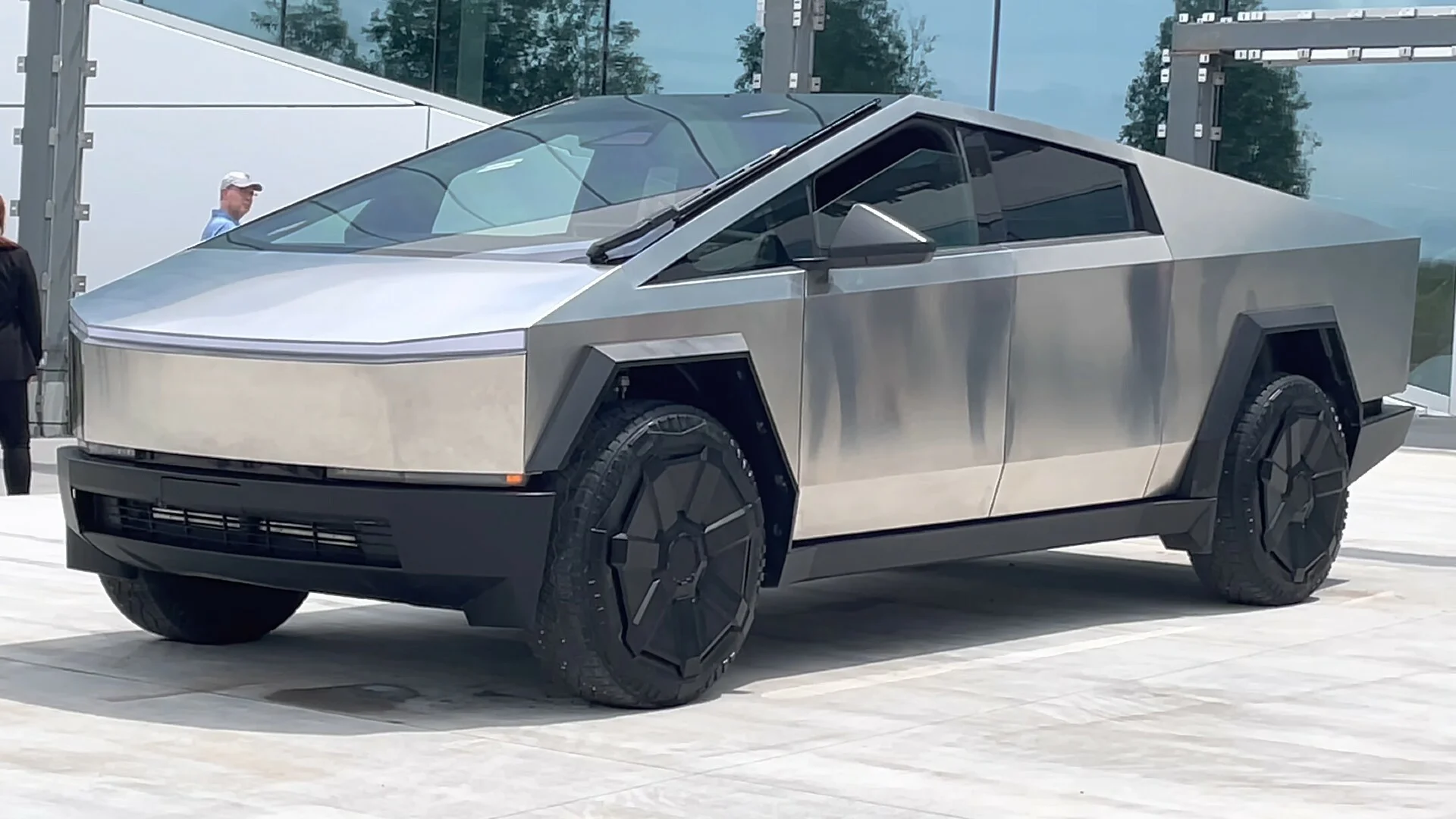 An improved prototype of the Tesla Cybertruck electric pickup truck was demonstrated